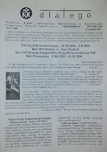 Dlatego. Biuletyn Klubu Inteligencji katolickiej w Katowicach Organizacji Pożytku Publicznego nr 12/25 grudnia 2015 - praca zbiorowa