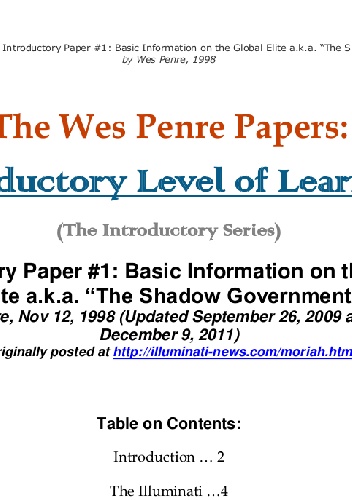 Introductory Level Of Learning. The Global Elite Aka The Shadow Government - Wes Penre